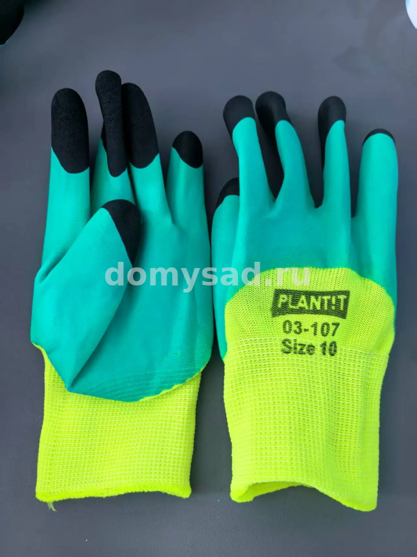 Перчатки нейлоновые салатовые PLANT!T 03-107 вспен.латекс, черные пальцы 52гр., р-р10 (12/600)