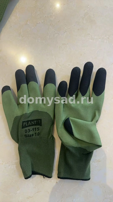 Перчатки нейлоновые PLANT!T 03-115 хаки, вспенен. латекс черн. пальцы 50гр., р-р10 (12/600)